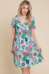 Ruched Floral V-Neck Short Sleeve Dress BomBom